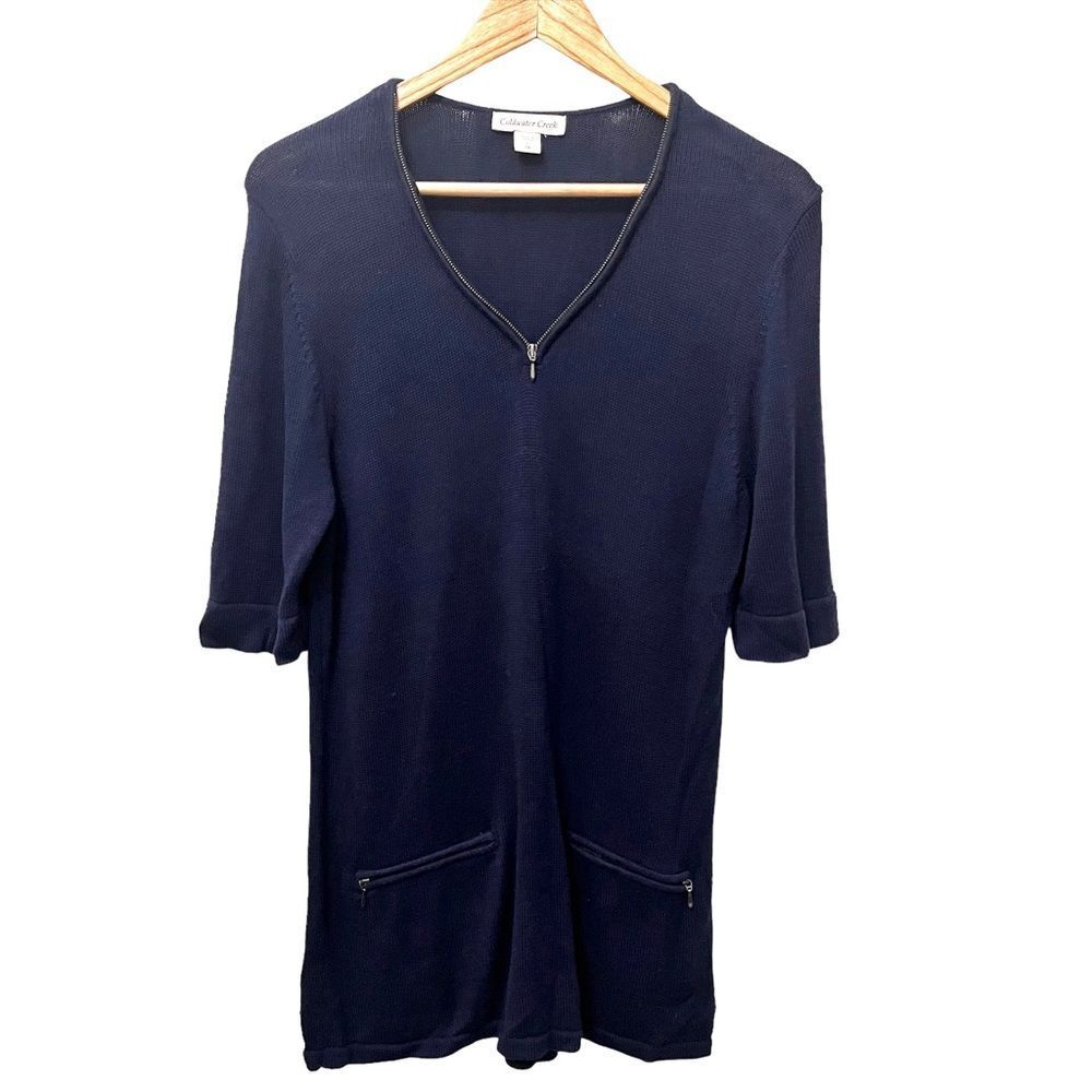 Coldwater Creek Navy Blue Short Sleeve Knit Sweater Front 3/4 Zip up Size Large